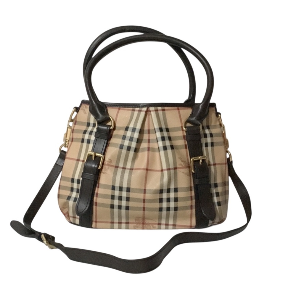 Authentic Burberry Beige Plaid Convertible Tote Bag Medium